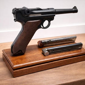 May include: A black and brown handgun with two magazines rests on a wooden display stand. The handgun has a dark finish with a brown grip. The magazines are silver and black. The stand is made of polished wood.