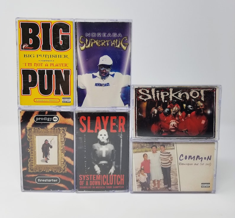 May include: A collection of nine cassette tapes, including Big Punisher, "I'm Not a Player",  Noreaga, "Superthug", Slipknot, Prodigy, "Firestarter", Slayer, "Systemiclotch", and Common, "Reminisce Me (for 202).