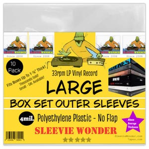May include: A pack of 10 large, clear plastic sleeves for vinyl record box sets. The sleeves are 4 mil thick and fit boxes up to 1-1/8 inches thick. The sleeves are made of polyethylene plastic and have no flap. The image also shows a cartoon illustration of a DJ with a turntable and the text "Sleevie Wonder" with five stars.