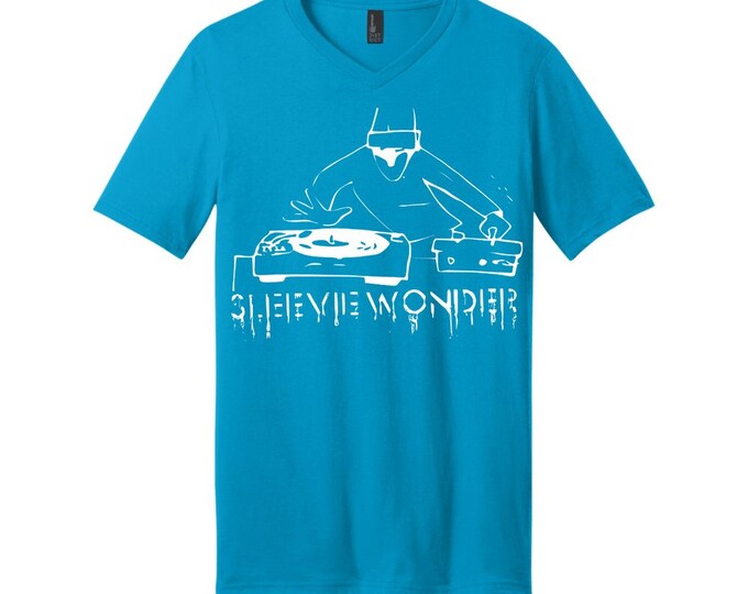 Sleevie Wonder DJ T-Shirt - V-Neck - Light Turquoise with Front White Screenprint