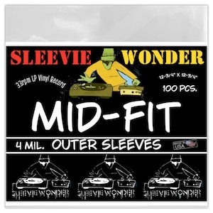 May include: A package of 100 clear plastic outer sleeves for 33rpm vinyl records. The sleeves are 12-3/4 inches by 12-3/4 inches and are 4 mil thick. The package features a cartoon illustration of a DJ with the text "Sleevie Wonder Mid-Fit Outer Sleeves".