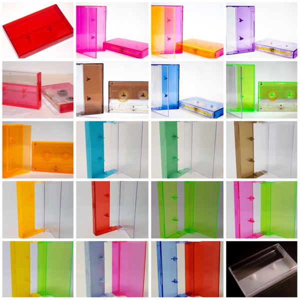 5 Cassette Tape Plastic Cases Red Orange Green Blue Purple Pink Black Brown Yellow White Clear No Posts Fluorescent Colors Choices Mixture