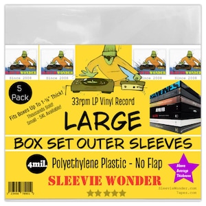 May include: A pack of 5 large, clear, 4 mil polyethylene plastic outer sleeves for 33rpm LP vinyl records. The sleeves are designed to fit boxes up to 1-1/8 inches thick. The packaging features a cartoon illustration of a DJ with a turntable and the text "Sleevie Wonder" and "Since 2008".