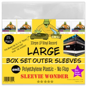 May include: A pack of 25 large, clear plastic outer sleeves for vinyl record box sets. The sleeves are 4 mil thick and have no flap. The packaging is yellow with a cartoon illustration of a DJ and the text "Sleevie Wonder" and "33rpm LP Vinyl Record".