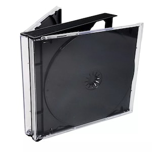 May include: A clear plastic CD case with a black insert for holding a CD or DVD. The case is open and the insert is visible.