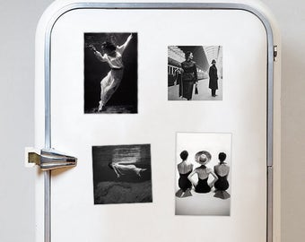 Set of 4 fridge magnets! Four black and white retro style refrigerator magnets  Vintage fashion photography magnet 15x10cm and 10x10cm
