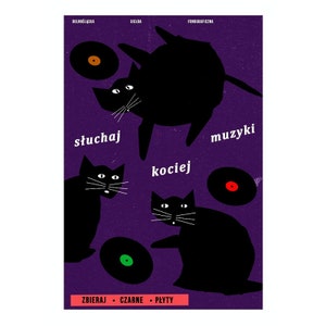 Carte postale Premium / Affiche polonaise 'Écoutez de la musique de chats' Mini affiche / vintage 17x12 cm
