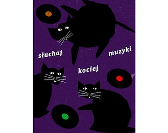 Polsk vintageposter, Katter och musik, 17 x 12 cm