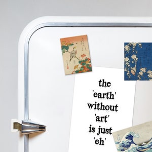 Set van 3 Hokusai koelkastmagneten; Grosbeak en mirabilis jalapa, De Grote Golf van Kanagawa, Robin op tak van kersenbloesems