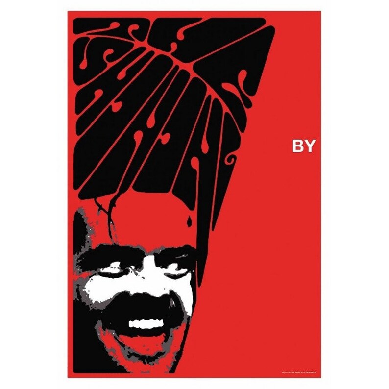 May include: Red and black graphic art print featuring a smiling face with a mustache and a stylized black design above. The word "BY" is in white text on the right side of the image. The art has a bold, graphic style.