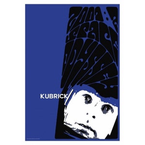 May include: Poster featuring a stylized portrait of a person with the name "KUBRICK" in white text on a blue background. The person's face is in white, with black abstract shapes above.