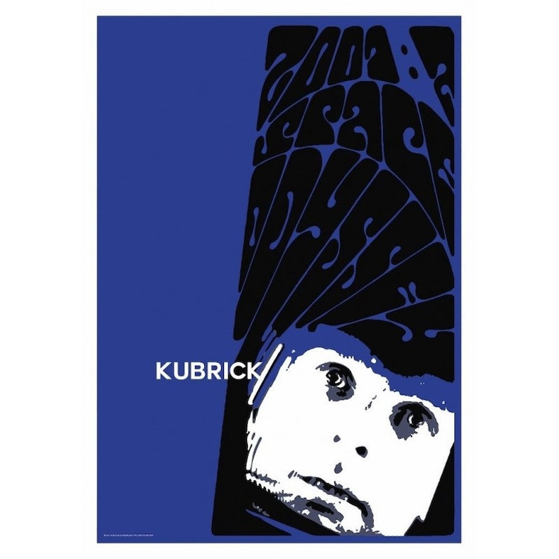 May include: Poster featuring a stylized portrait of a person with the name "KUBRICK" in white text on a blue background. The person's face is in white, with black abstract shapes above.