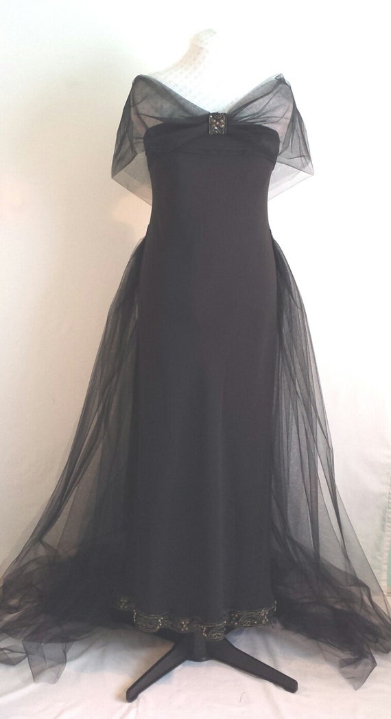 Items similar to Long black and gold strapless dress, tulle train ...
