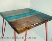 Unique Wood Slab Epoxy Resin River Side Table, Elm Furnishings, Wooden Accent Table, Hideaway Table, Blue River Table, Hairpin Leg Table