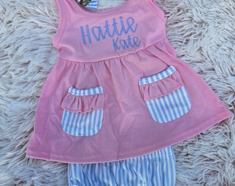 Girls pink and blue striped 2pc set with name embroidery