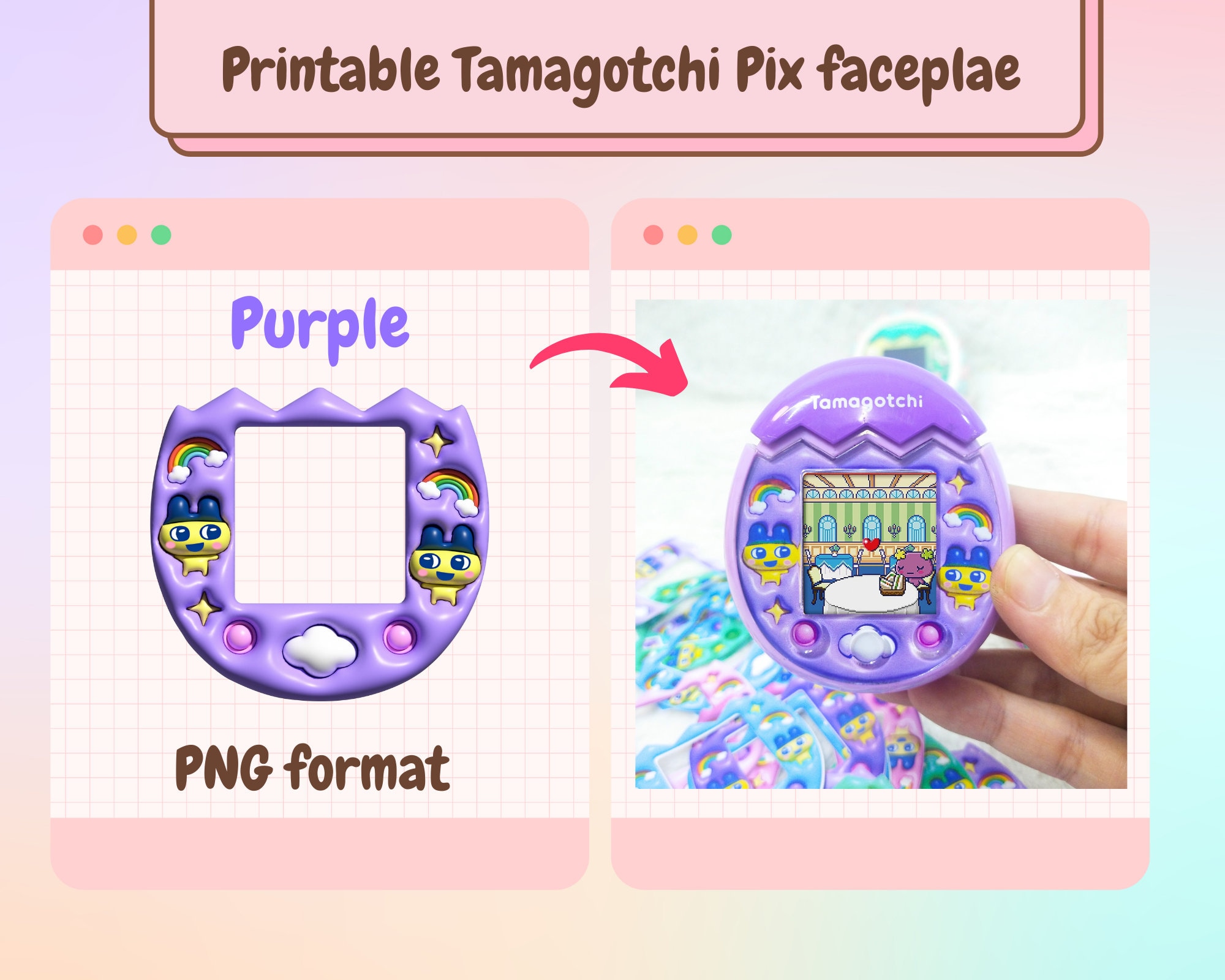 Green Theme Tamagotchi Pix Characters Faceplate Insert PDF Printable,  Tamagotchi Pix Faceplate
