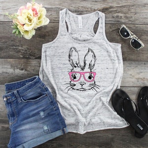 Lapin de Pâques avec réservoir de lunettes, Lapin avec débardeur à lunettes, Réservoir de Pâques mignon, Chemise du jour de Pâques pour femme, Chemise de lapin de Pâques, Débardeur