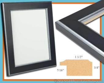 Black with Silver Picture Frame 1.5" Wide, Photo Frame Flat - Eco Friendly - 4x6 5x7 8x10 8.5x11 12x12 11x14 12x12 13x19 16x20 Custom Sizes