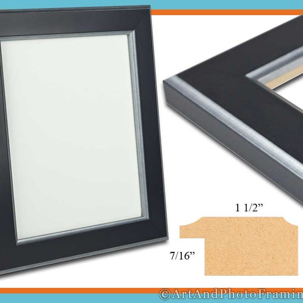 Black with Silver Picture Frame 1.5" Wide, Photo Frame Flat - Eco Friendly - 4x6 5x7 8x10 8.5x11 12x12 11x14 12x12 13x19 16x20 Custom Sizes