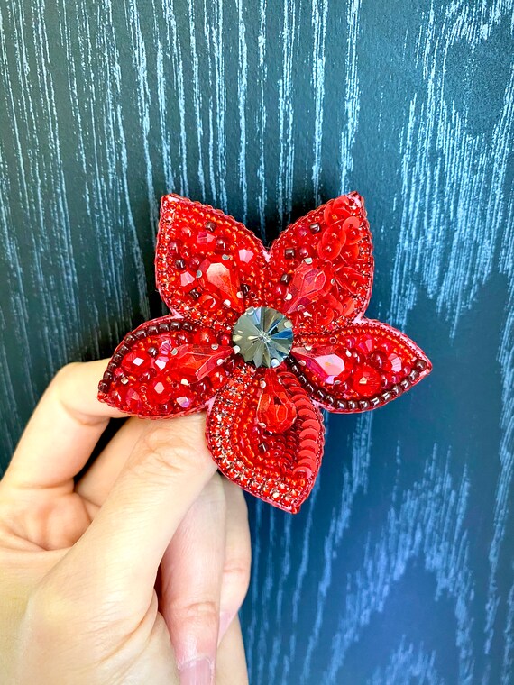 SCARLET FLOWER, Red Flower, Handmade Brooch Pin, Beaded  display picture 2