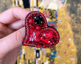 RED HEART Brooch, Valentine's Day Gift, Handmade Beaded Pin, Unique Jewelry, Fancy Embroidered Brooch – Free US Shipping!