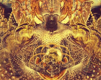 ATOMIC #79 | Tapestry,Backdrop,Wall Hanging,Visionary Art,Psychedelic,Digital,Third Eye,Esoteric,Gold,Snake,Kundalini,Muladahara Chakra
