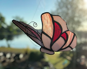 Stained glass 3D butterfly suncatcher pink red