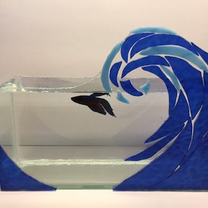 Handmade wave art design stained glass mosaic mirror fish tank square betta bowl image 1