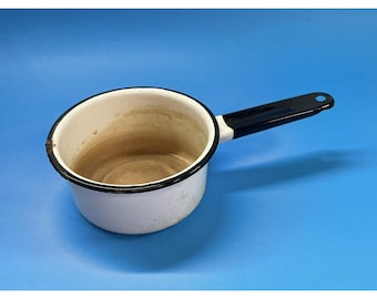 Vintage Enamelware Small 5" Pan white black rim Camping Farmhouse P2