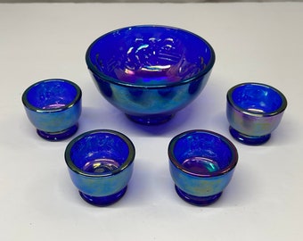 VTG 1987 Fenton/Encore Dorothy Taylor Kittens Collection Carnival Glass Miniatures. Rare Collectible Cobalt Blue Bowl and salt’s set.
