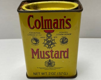 Vintage Colman's Mustard Spice Tin with Yellow & Red Graphics. Retro 1970's Advertising. Collectible Tin.