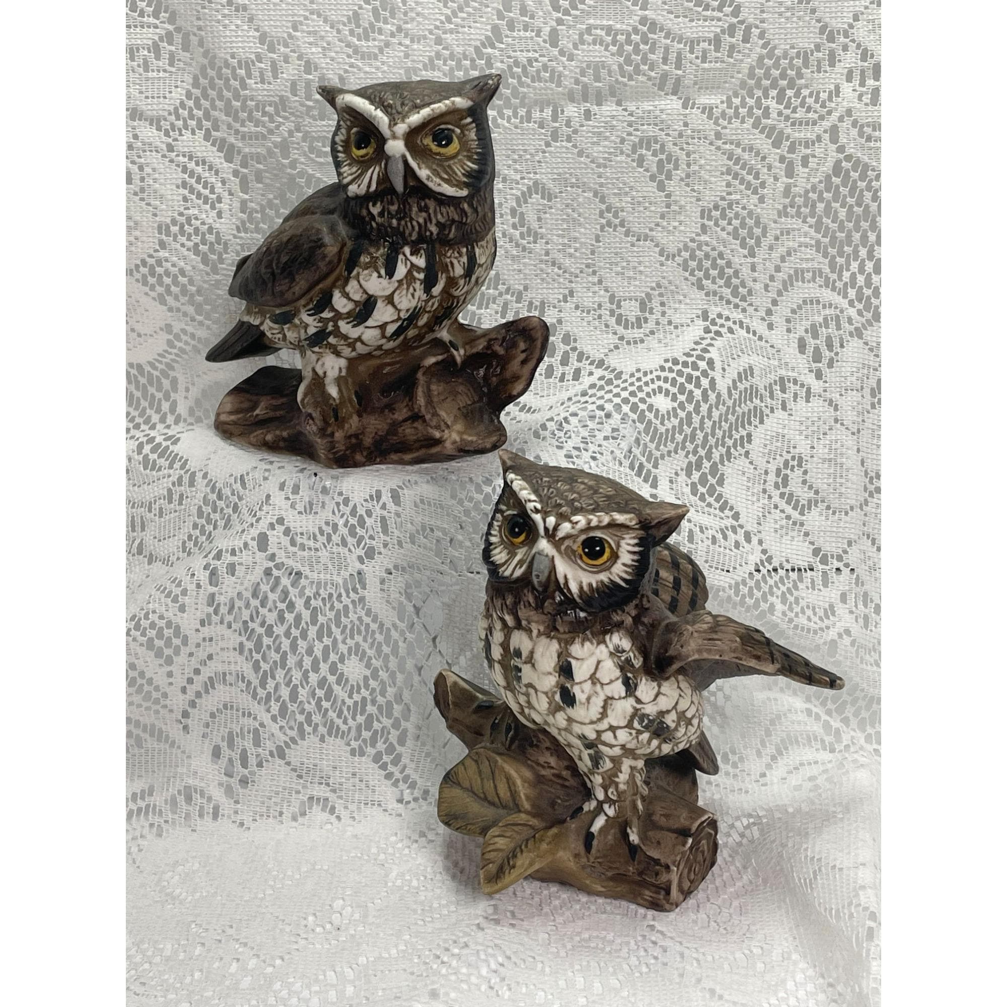 Vintage Homco Ceramic Owl Figurines Set Of 2 Brown & White Realistic Detailing Home Decor