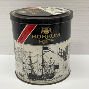borkum riff pipe tobacco bourbon whiskey Vintage Borkum Riff - Bourbon / Whiskey Flavored Tobacco Tin - 12 Oz. EMPTY  Can. Black and White Style Collectible Can