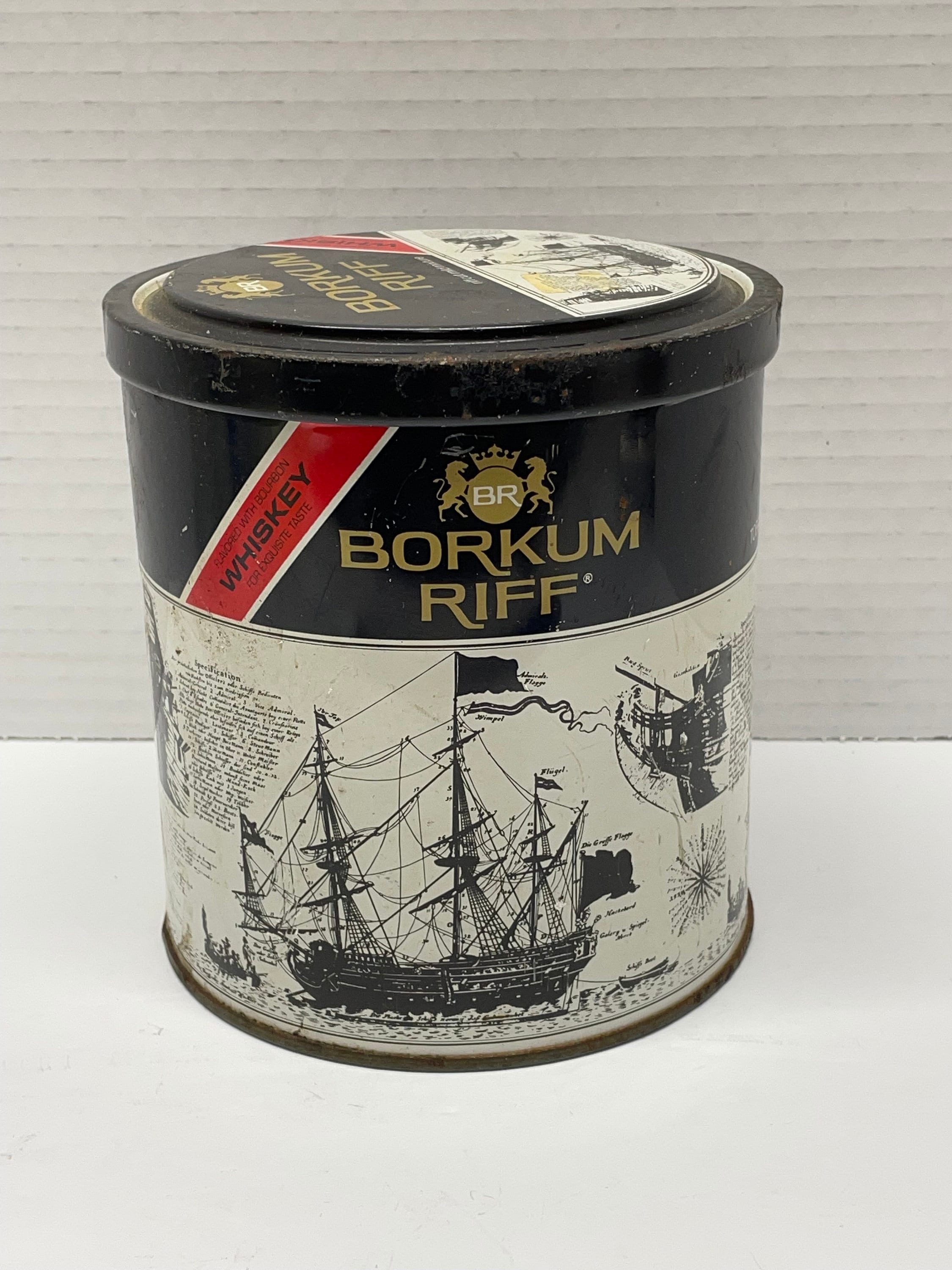 Vintage Borkum Riff - Bourbon / Whiskey Flavored Tobacco Tin - 12 Oz. EMPTY  Can. Black and White Style Collectible Can
