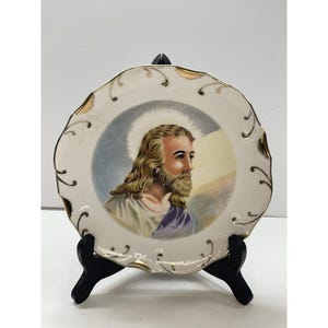 Plato antiguo de Jesús con borde de oro de 18 quilates, Lynchburg, Virginia, pintado a mano, c. 1942, firmado.