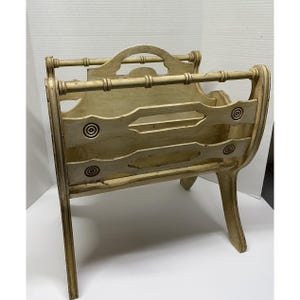 VTG MCM Whitewashed Cherry Wood Magazine Rack Book Holder Stand Bamboo Antique