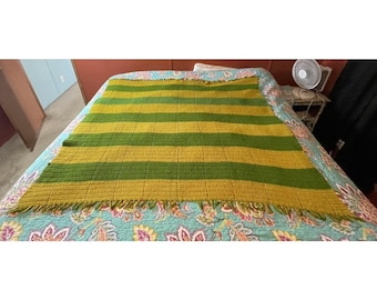 Afghan Crochet Blanket Handmade Fringe Throw 61”x 53 Green Stripe Retro 70’s VTG