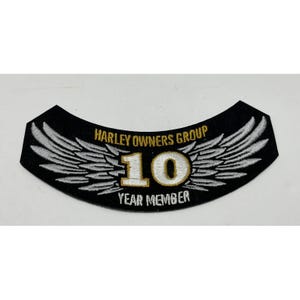 Könnte beinhalten: Ein schwarzer, gebogener Stickaufnäher mit silbernen Flügeln auf beiden Seiten. Der Text HARLEY OWNERS GROUP ist in Gold über einer großen Zahl 10 in Weiß und Gold gestickt. Der Text YEAR MEMBER ist in Weiß unter der Zahl 10 gestickt.