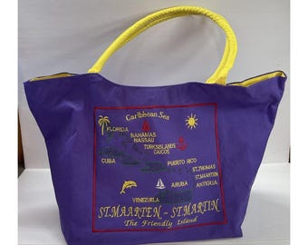VTG Cruse St. Maarten Royal Purple/Yellow Large Canvas Tote Bag.  No Zipper