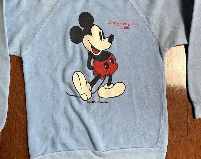 Vintage 1970s Mickey Mouse Sweatshirt Clearwater Beach Florida Raglan Baby Blue