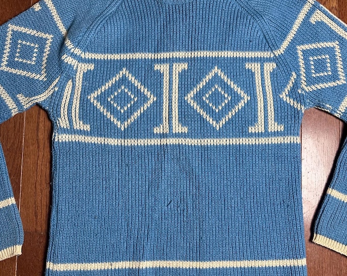 Vintage 60s 70s ALPS Knitmeister Ski Sweater Large Blue Cream Heavy Knit Après Ski Aspen Sweater