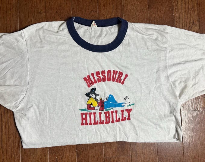 Vintage Missouri Hillbilly Crop Top 80s Screen Stars XL Made in USA 50/50 Ringer Tee Distressed Cut Off T Shirt