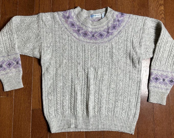 Vintage Northern Isles Wool Sweater Medium Gray Lavender Cable Knit Fair Isle Ski Sweater Aspen 90s