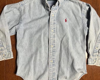 Vintage Polo Ralph Lauren Kids Denim Button Down Shirt Green Tag Small