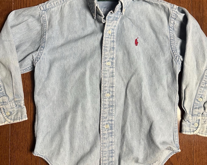 Vintage Polo Ralph Lauren Kids Denim Button Down Shirt Green Tag Small