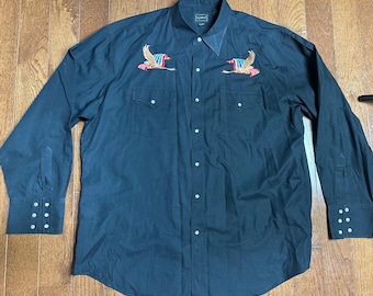Vintage High Noon Western Shirt XL Black Americana Eagle Pearl Snap Cowboy Shirt