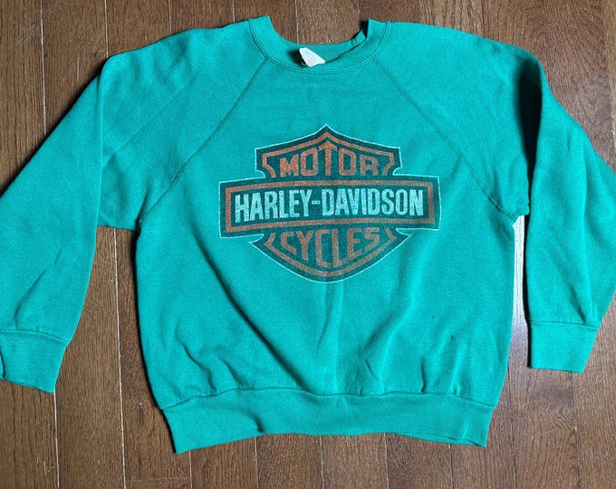 Vintage 80s Harley Davidson Sweatshirt Green Raglan Tultex Better Basics Small Petite Biker Crewneck