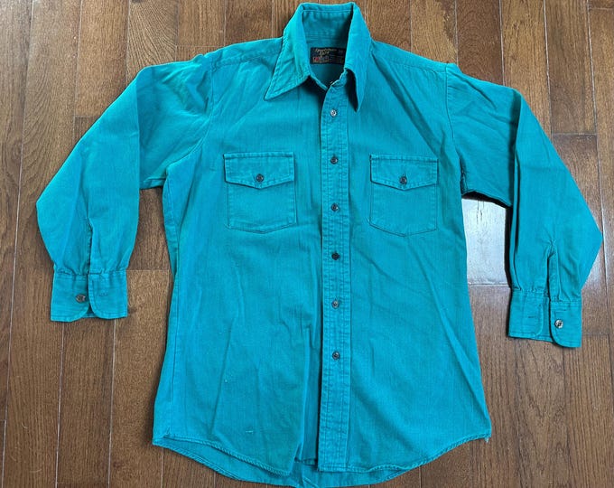 Vintage Kmart Sportsman Shirt Teal Green Button Up Distressed Workwear Cotton