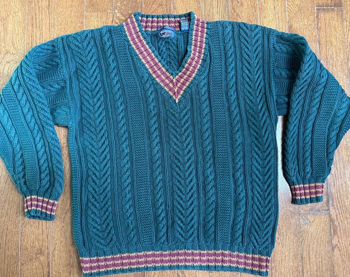 Vintage Cable Knit Sweater Green Cotton Chunky Fisherman Knit V Neck Preppy