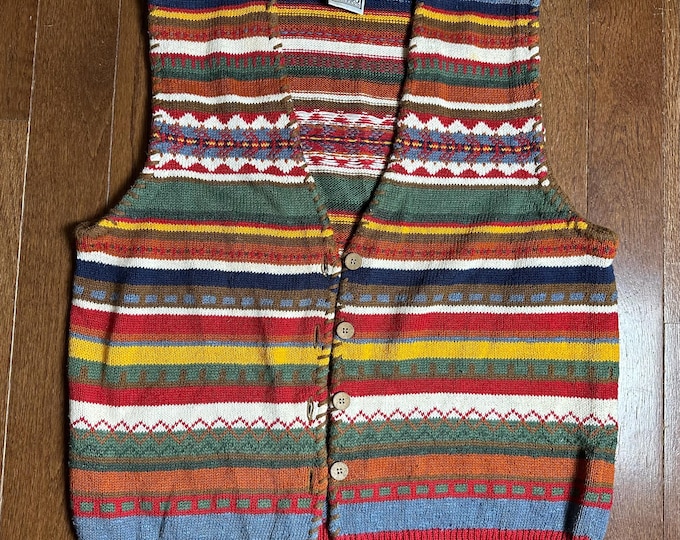 Vintage 90s Russ Sport Cardigan Large Heavy Knit Southwestern Striped Sweater Wood Buttons